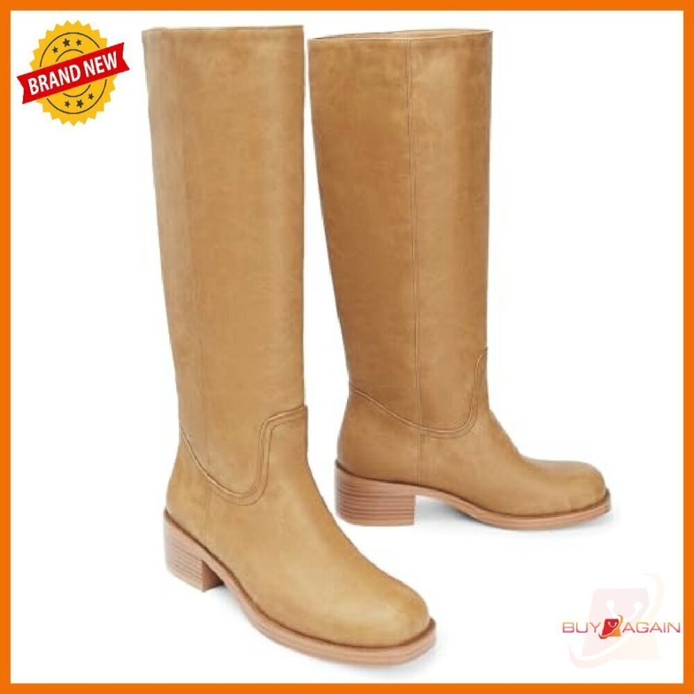 Knee High Boots Square Toe Chunky Heel Pull On Wide Calf Riding Boots - Picture 6 of 8